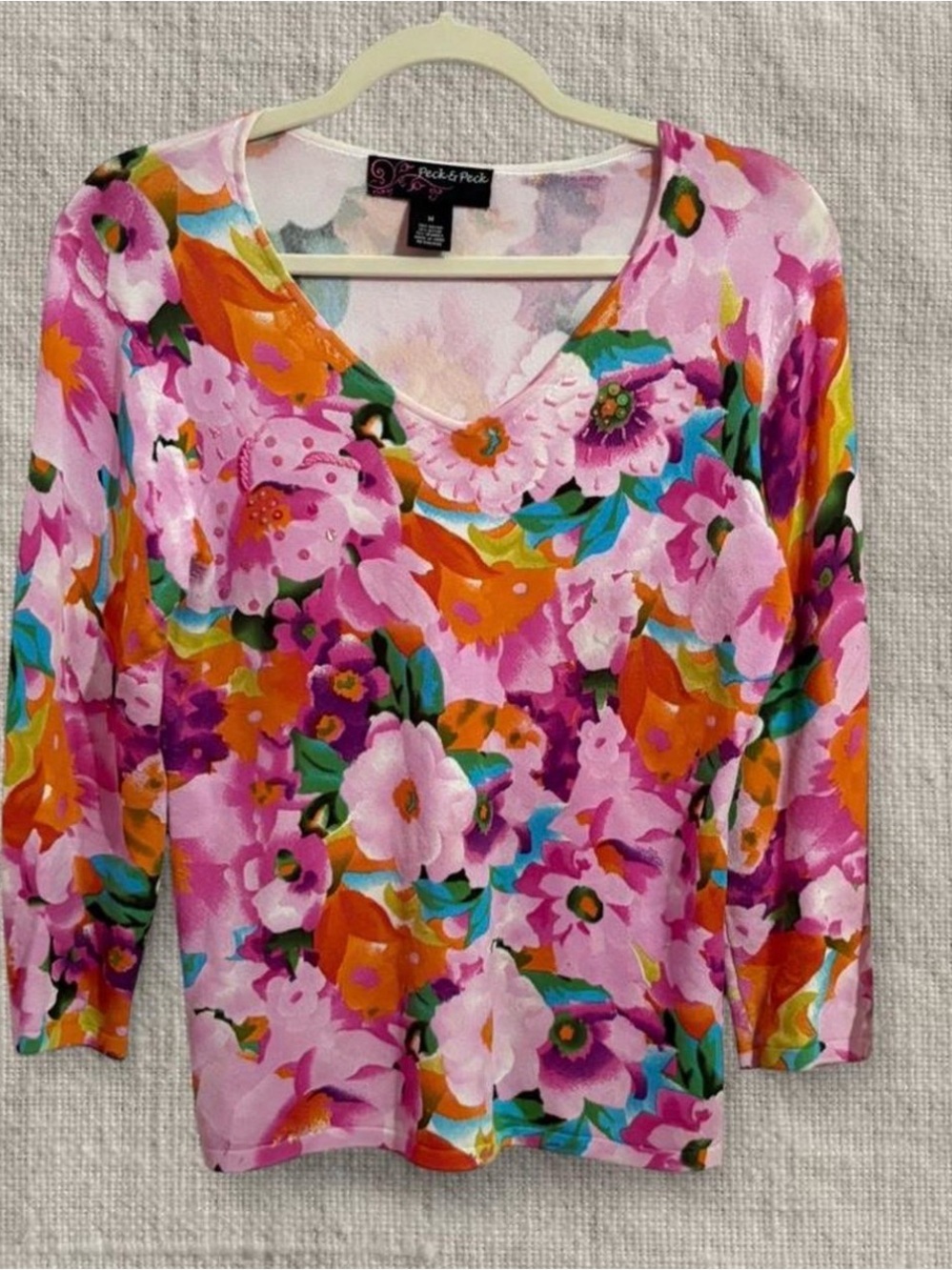 Peck & Peck Pink Floral V-Neck Long Sleeve Top